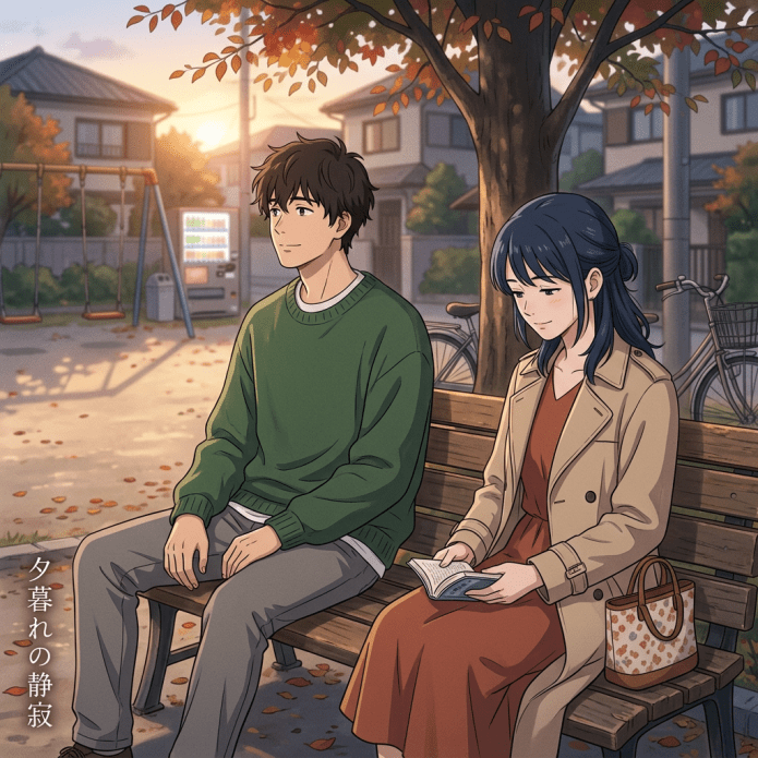 Young man and woman sitting on a park bench under a tree with autumn leaves