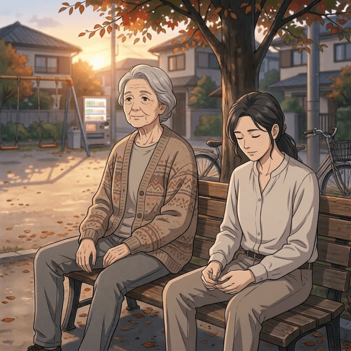 Young man and woman sitting on a park bench under a tree with autumn leaves