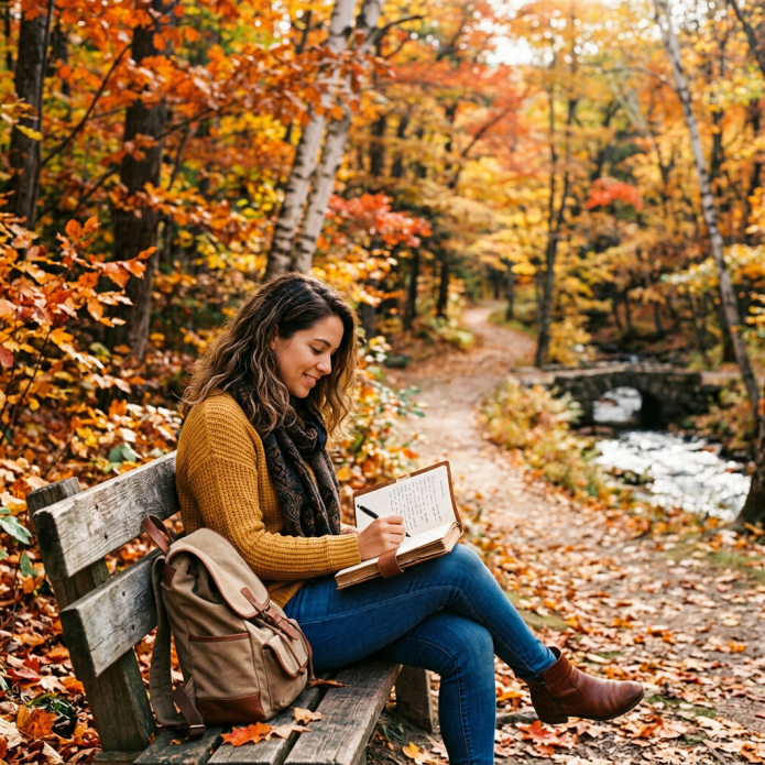 Woman sitting on a wooden bench writing in a journal surrounded by autumn leaves