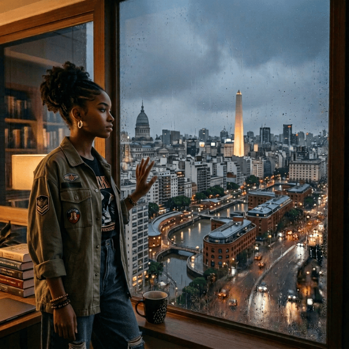 Man standing by rain-streaked window overlooking illuminated city skyline
