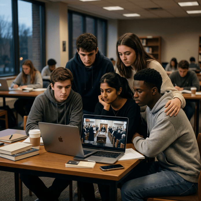 Five students study together around laptops in a library, viewing a news video