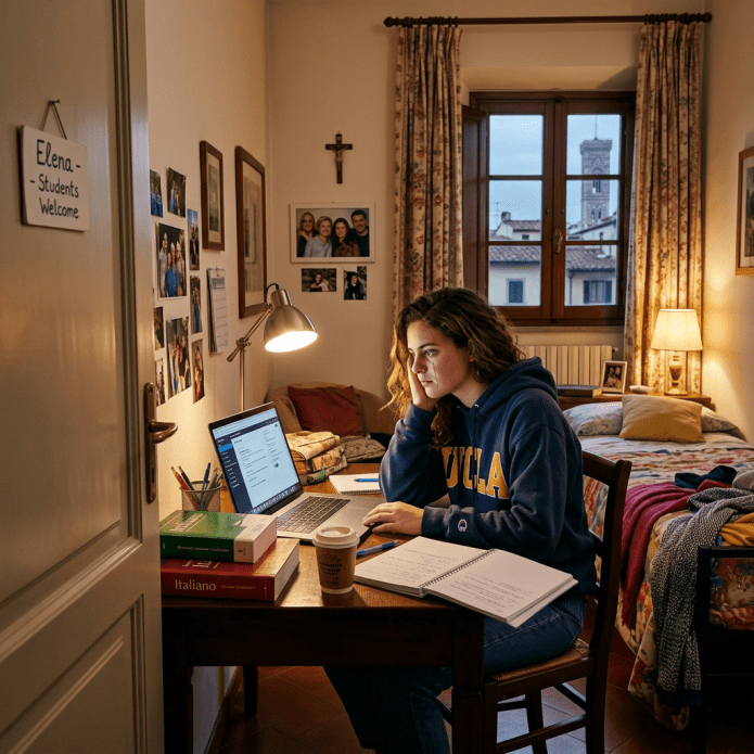 Students studying together in a Florence courtyard with books, laptops, and maps