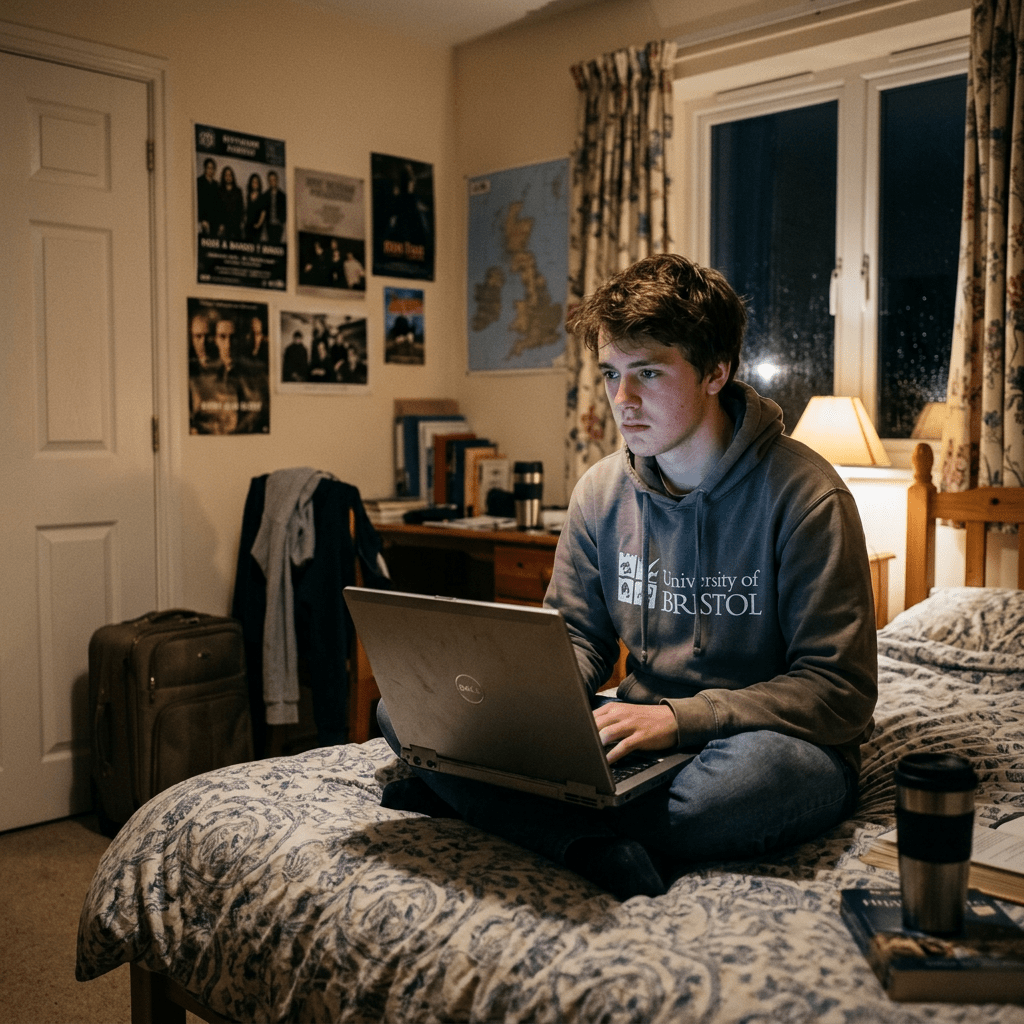 University student using a laptop while sitting on a bed