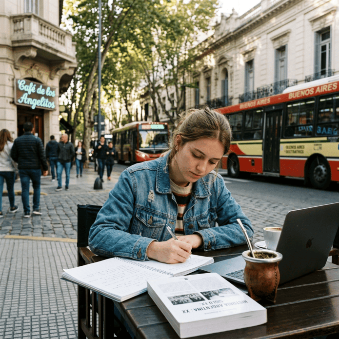 Student writing at Café de los Angelitos beside Buenos Aires buses