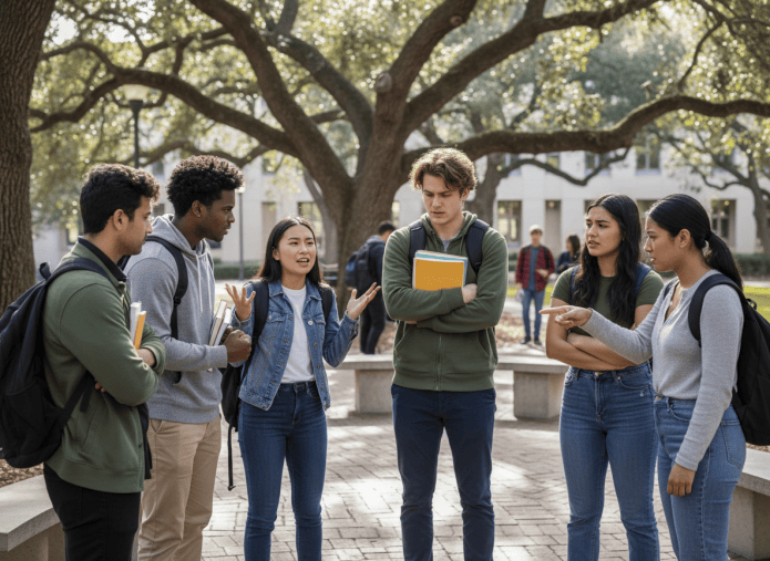 A realistic editorial-style scene of a diverse group of college students expressing anger and frustration during a tense discussion on a university campus. Show expressive but non-violent body language, serious faces, backpacks and casual campus clothing, with a natural outdoor campus setting. No text, no logos, no weapons. Suitable as a featured image for an article about anger and emotional regulation.