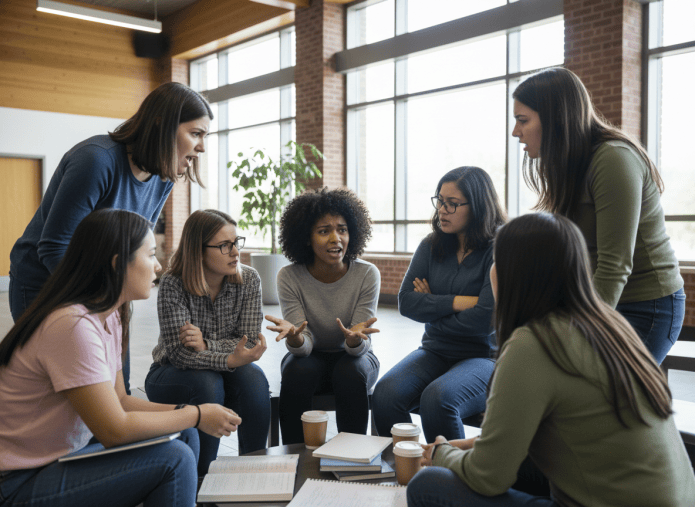 A realistic editorial-style image of a diverse group of angry college-aged women students expressing frustration during a campus discussion, gathered together in a university setting, natural lighting, respectful non-violent mood, no text or logos.