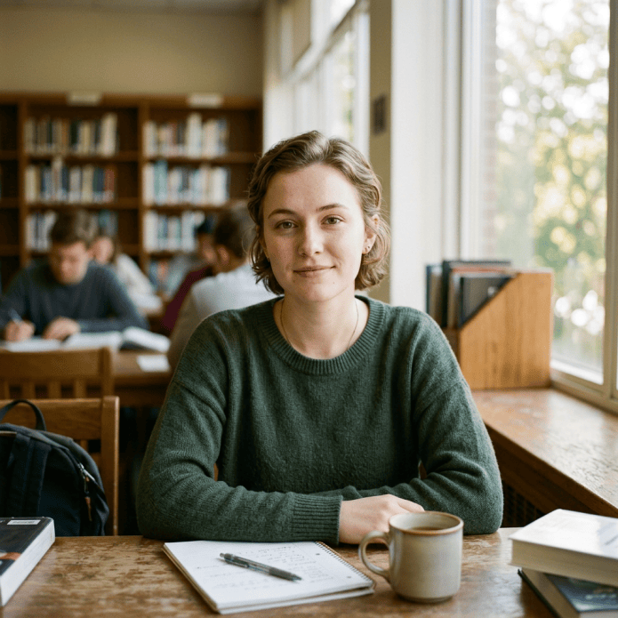 Student seated at library table with notes and coffee
